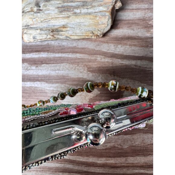 Floral Embroidered Satin Clutch Purse With Beaded Handle - Picture 6 of 8